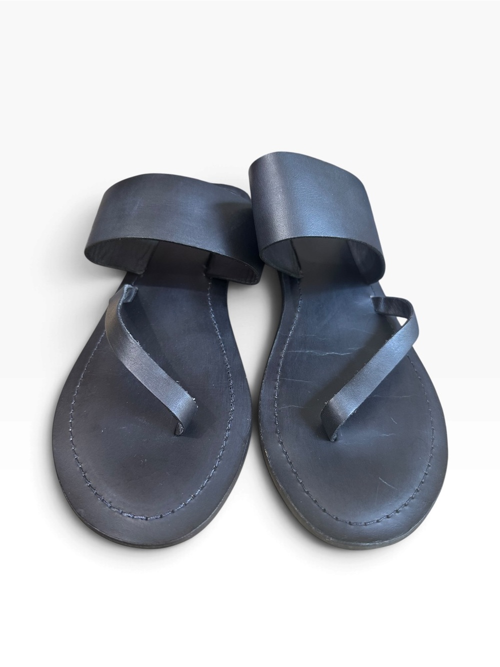 Free People Black Leather Slide Sandals with Wide Strap and Toe Loop